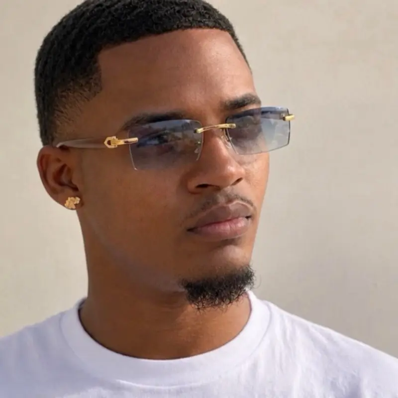 Luxury Style Rimless Rectangle Sunglasses for Men UV400 Gray Lens