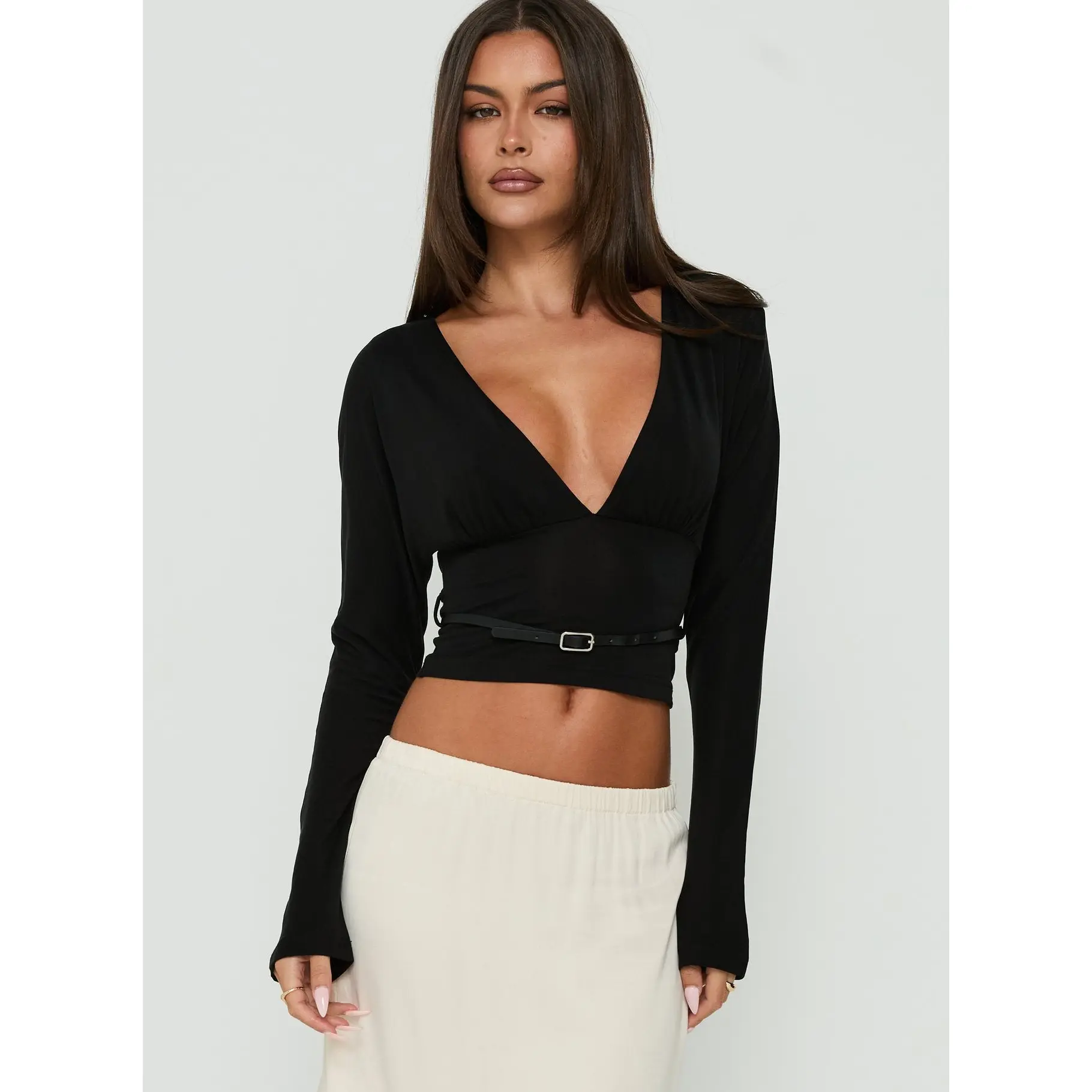 Vallentina V Neck Batwing Long Sleeve Top Black