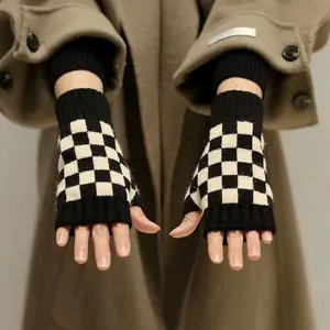Checkerboard Black and White Checkered Half Finger Gloves for Young Couples Knitted Autumn and Winter Cool Hand Socks Half Cut Handguard Unisex
