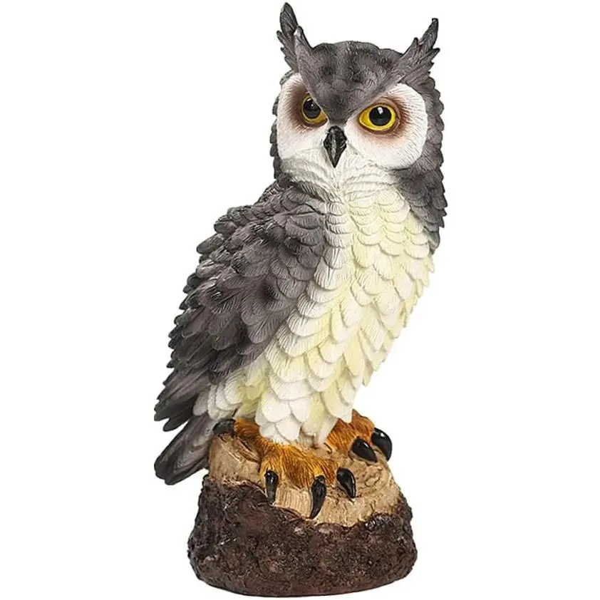 Realistic Resin Owl Statue 18cm - Garden and Yard Decoration - Anti-Pigeon and Bird Repellent - Outdoor, Porch, Office Ornament - Feathered Grey