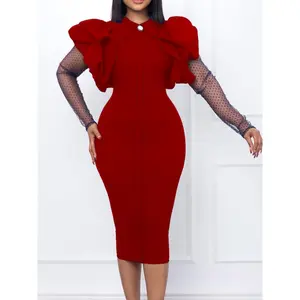 summer spring clothes Women Dress Ruffles Patchwork Mesh Long Sleeves Elegant Office Ladies Work Wear Autumn Winter Female Classy Modest Robes Formal Light Womenswear Check Workwear Gamis Basic Chic