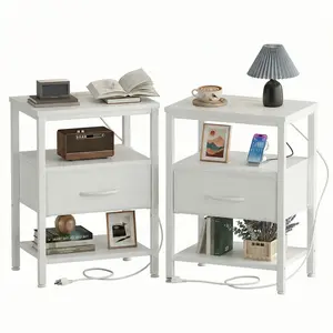 Nightstand with Built-in Charging Station, Bedside Table with Adjustable Fabric Drawer and 3-Tier Storage End Table