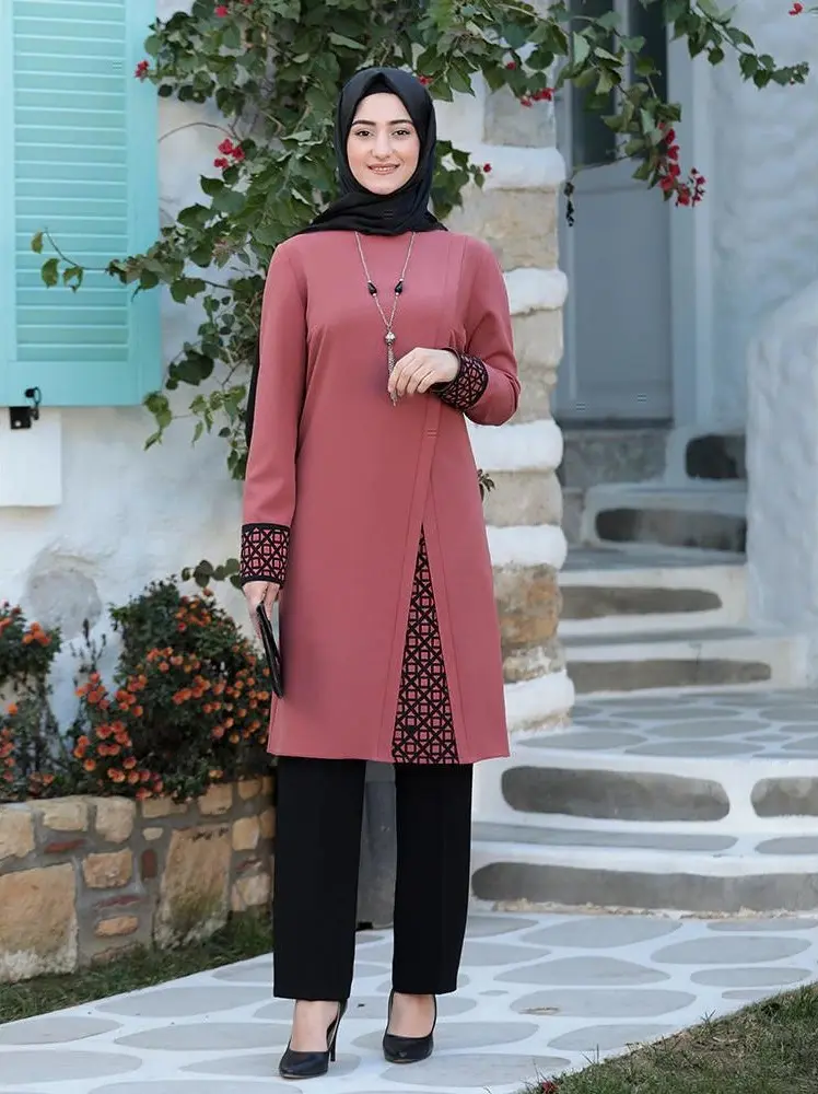 Women Hijab Suit Black Pants Patterned Tunic Combination Islamic Muslim Clothing New Season Made in Turkey High Quality Crepe
