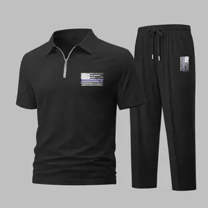 Men's American Flag Print Waffle-Knit Polo Shirt Set, Short-Sleeve Zip-Up Collar Top with Matching Athletic Trousers, Casual Sportswear Outfit