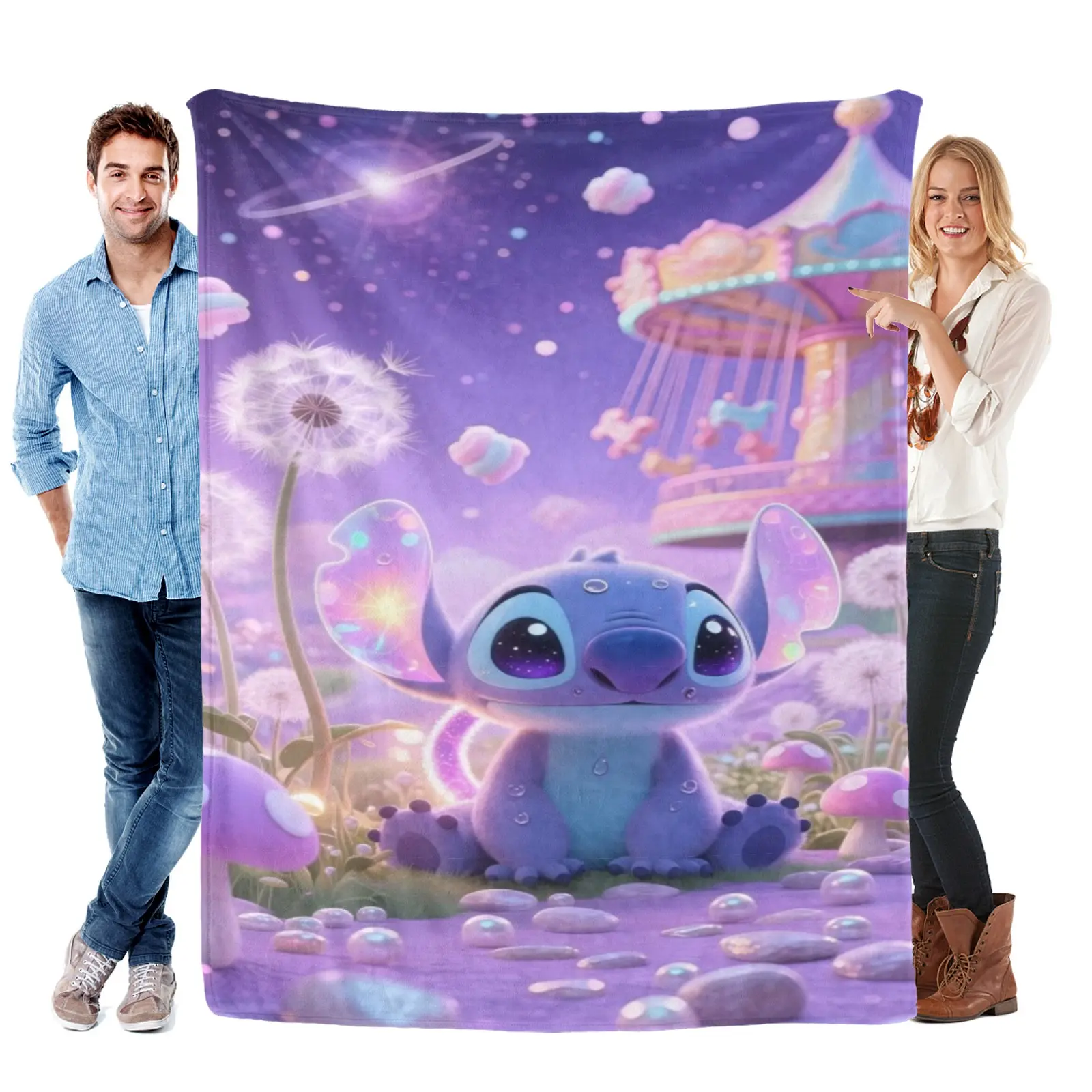 Disney Stitch Fairy Dandelion Galaxy Border Blanket, Soft Fleece Stitch Bedding Matching Stitch Stuff Room Sets, Kids Teens