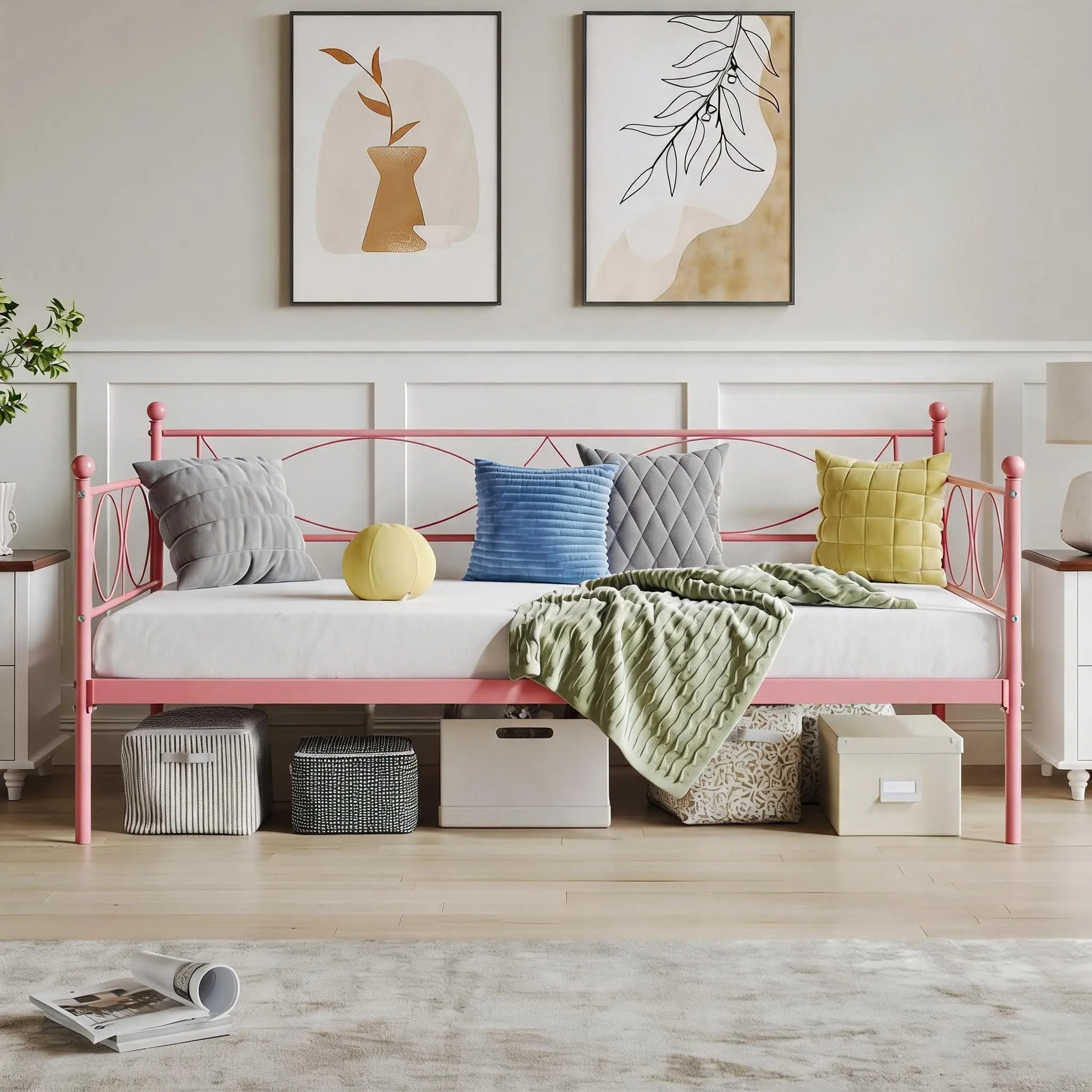 GarveeLife Multifunctional Metal Daybed with Trundle - Heavy Duty Steel Slat Support - Pull-Out Sofa Bed Frame with Lockable Casters for Bedroom, Living Room, Guest Room - Pink, Twin Size Daybed