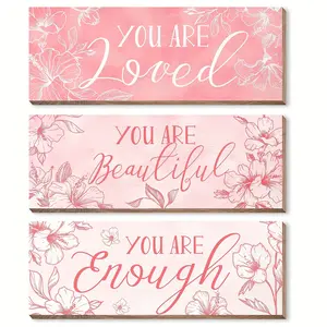 3pcs Inspirational Wooden Plaques - 'You Are Beautiful', 'You Are Enough', 'You Are Loved' - Pink Room Decor & Wall Decor for Women - Positive Slogans for Home, Office, and Valentine’s Day Decorations Wood Sign