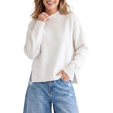 Shewin Women's Longsleeves Viscose Knit Pullover Sweater - Solid High Neck, Drop Shoulder, Side Slit Hem, Loose Fit, Regular Length Casual Top for Cooler Days, Sweaters for Women