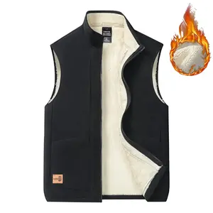 Men's vest, fleece-lined thickened autumn and winter, stand collar sleeveless with pockets, outdoor sports vest, Plain Color Waistcoat Casual Menswear