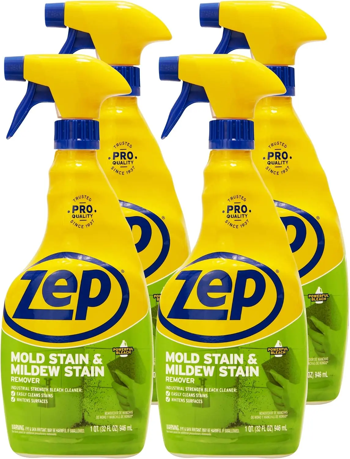 Pack 4 ZEP Mold and Mildew Stain Remover, bleach cleaner, mold stains, mildew stains, bathroom grout, shower tile, tub surround, porcelain sink, fiberglass shower, acrylic tub, toilet bowl, patio chairs, dirt, grime, bacteria, viruses, spray