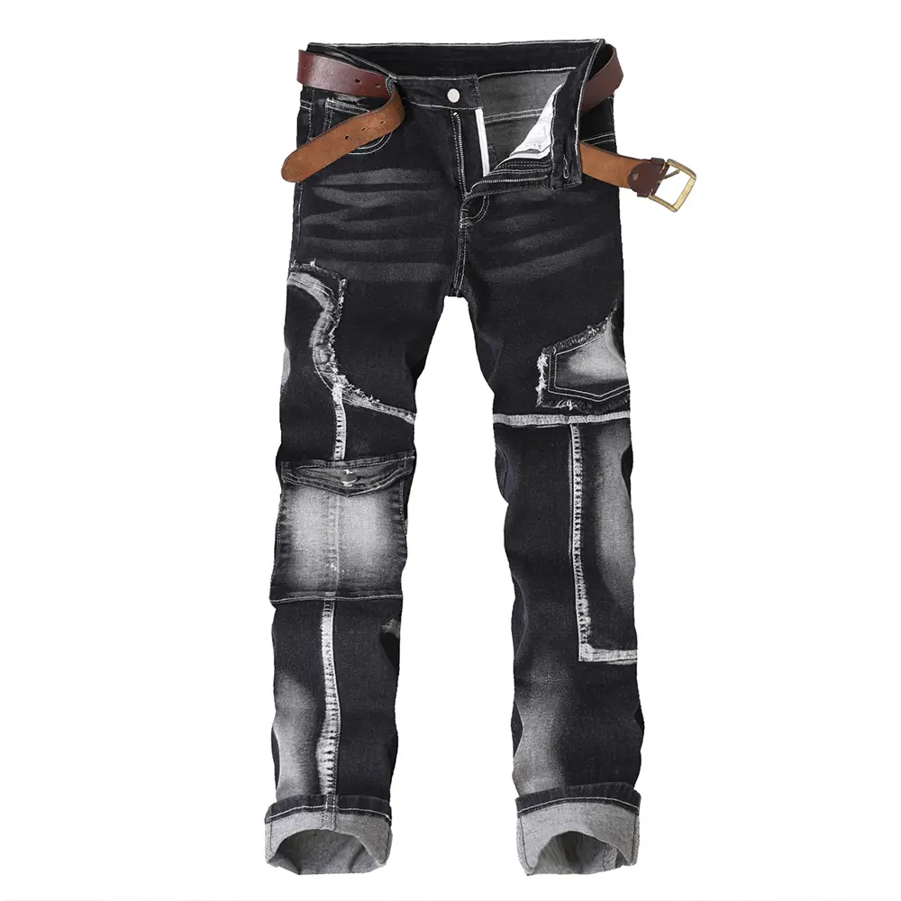 Men’s European/American high-street deconstructed patchwork denim pants | Heavy wash, black distressed finish | Cyberpunk style, slimming multi-pocket design, mid stretch, straight-leg pants (no belt)