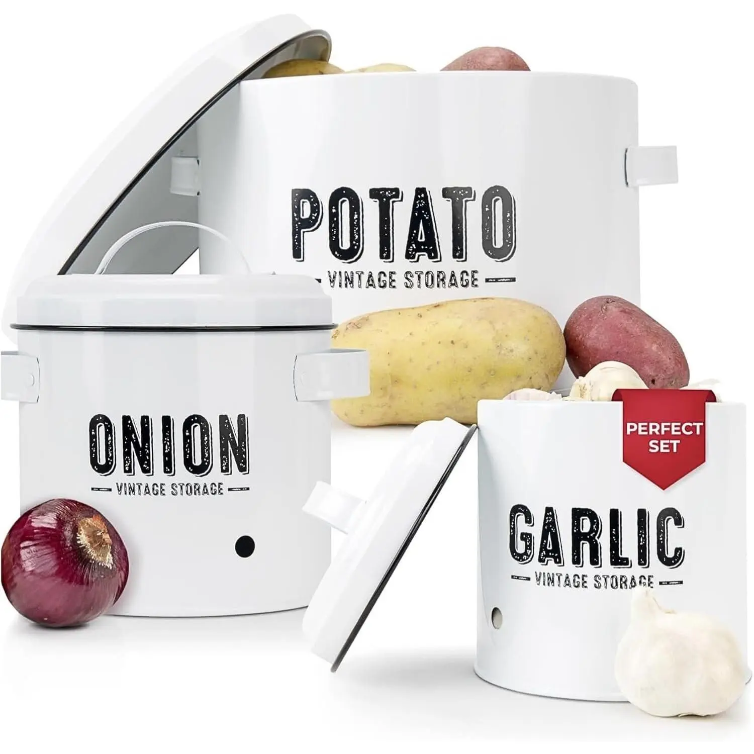 Kitchen Vegetable Storage Set for Pantry & Countertop -- Set of 3 Kitchen Containers Including Potato Bin, Onion Keeper & Garlic Storage; Rustproof Metal & Aeratic Holes; Farmhouse Style