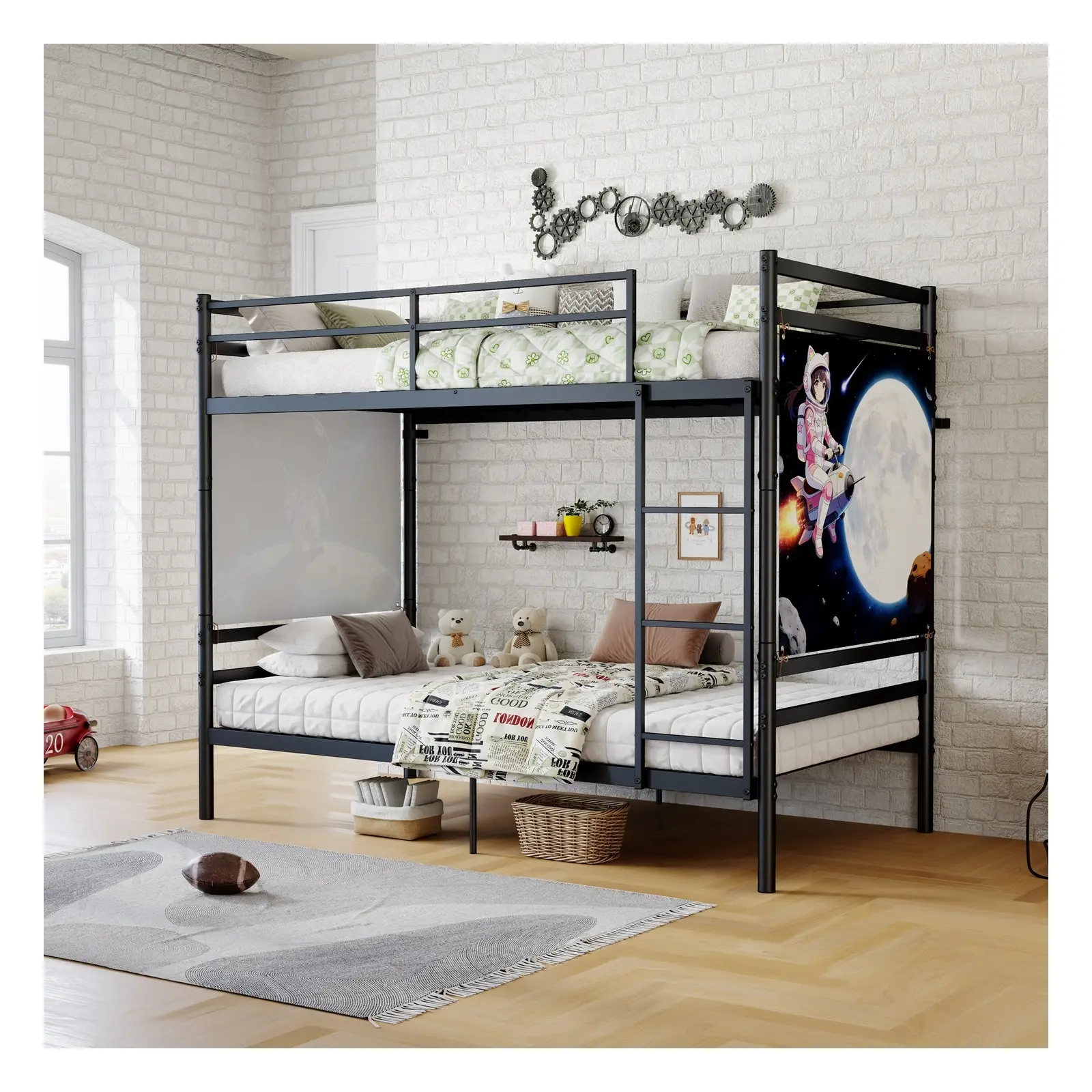 Twin Over Twin Metal Bunk Bed Frame with Guardrails, Heavy-Duty Construction and Noise-Free Design, Black/White