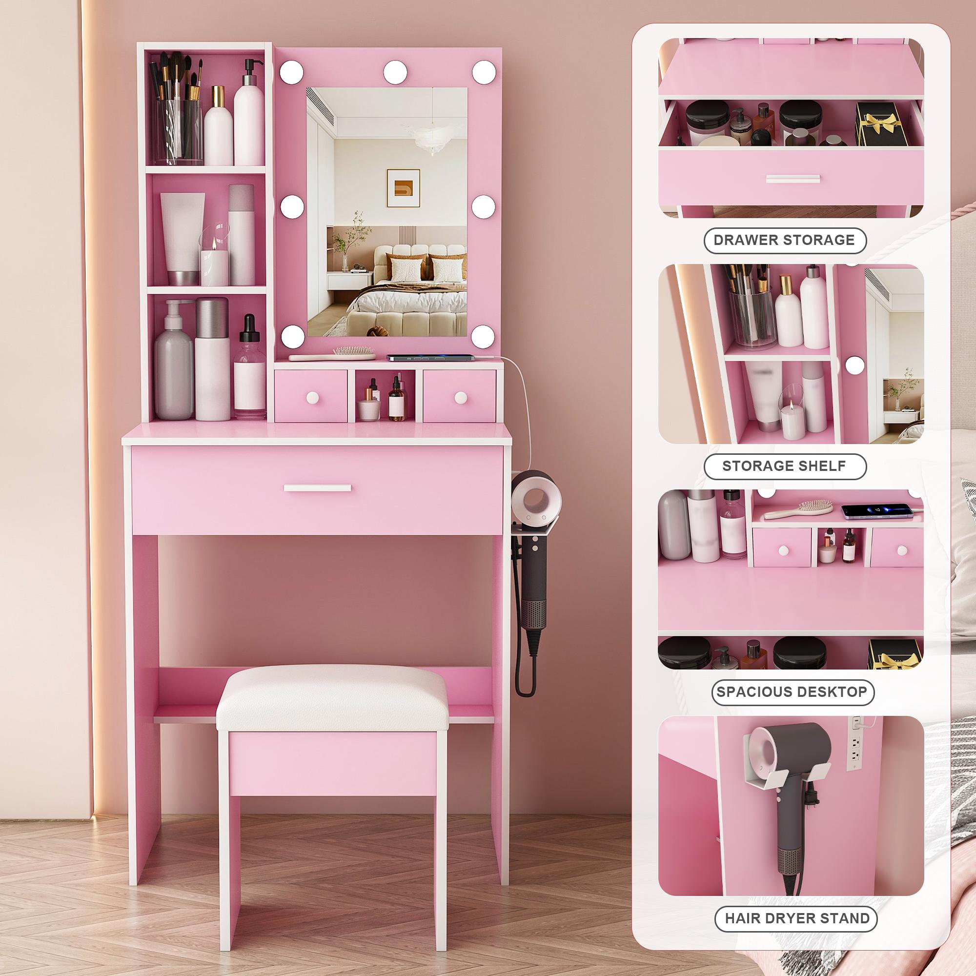 Makeup Vanity Desk with Adjustable LED Mirror, Built-in LED Lighting, Power Outlet, Hairdryer Holder & Stool, Compact Indoor Furniture for Small Bedrooms (Fixes Poor Lighting & Tangled Cords), Adjustable Led Vanity Mirror Makeup Vanities