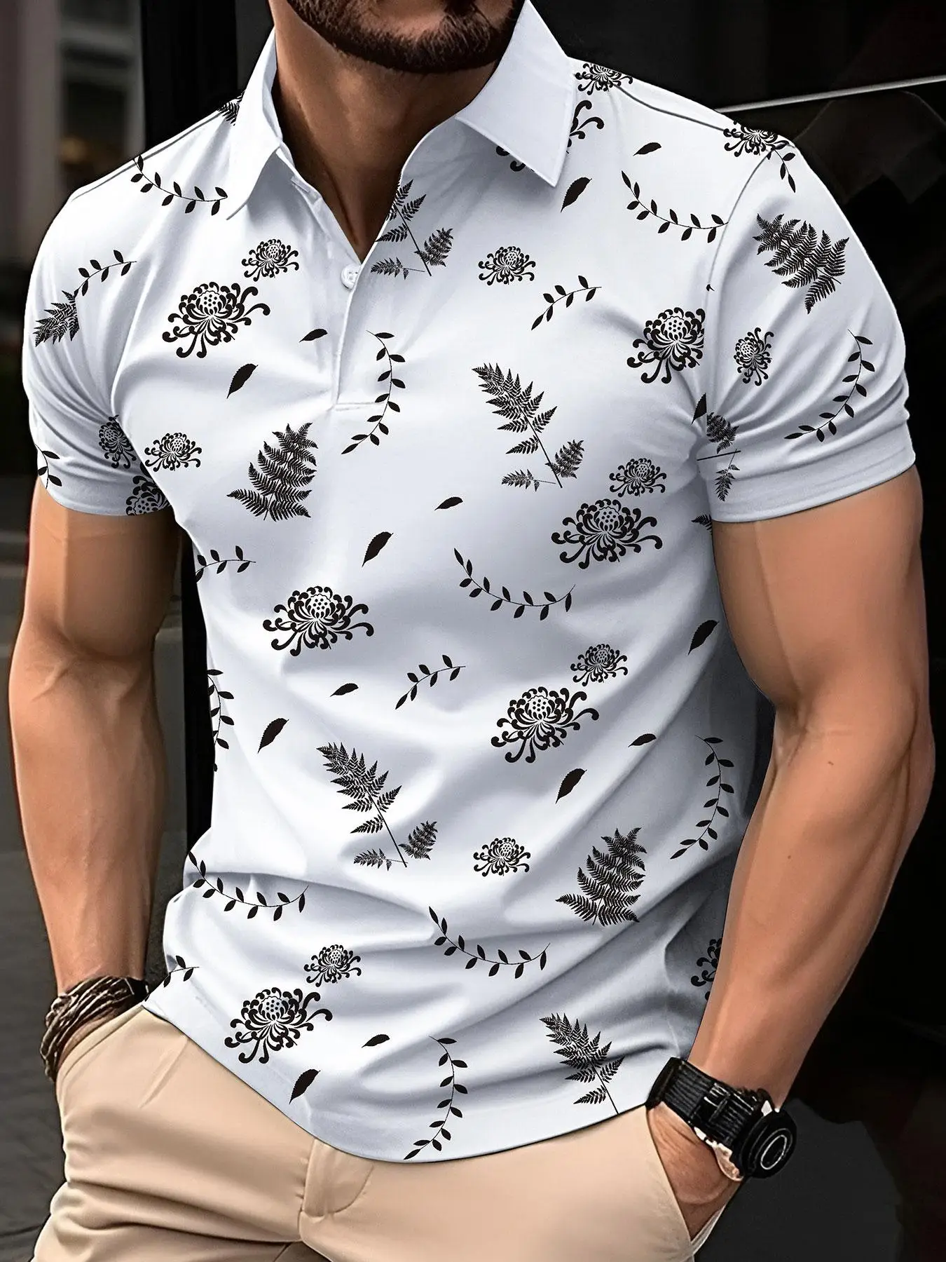 Men's Plants Print Short Sleeve Polo Shirt, Regular Fit Casual Button Front Polo Neck Top, Men's Streetwear for Summer Daily Wear, Classic Polo Shirts