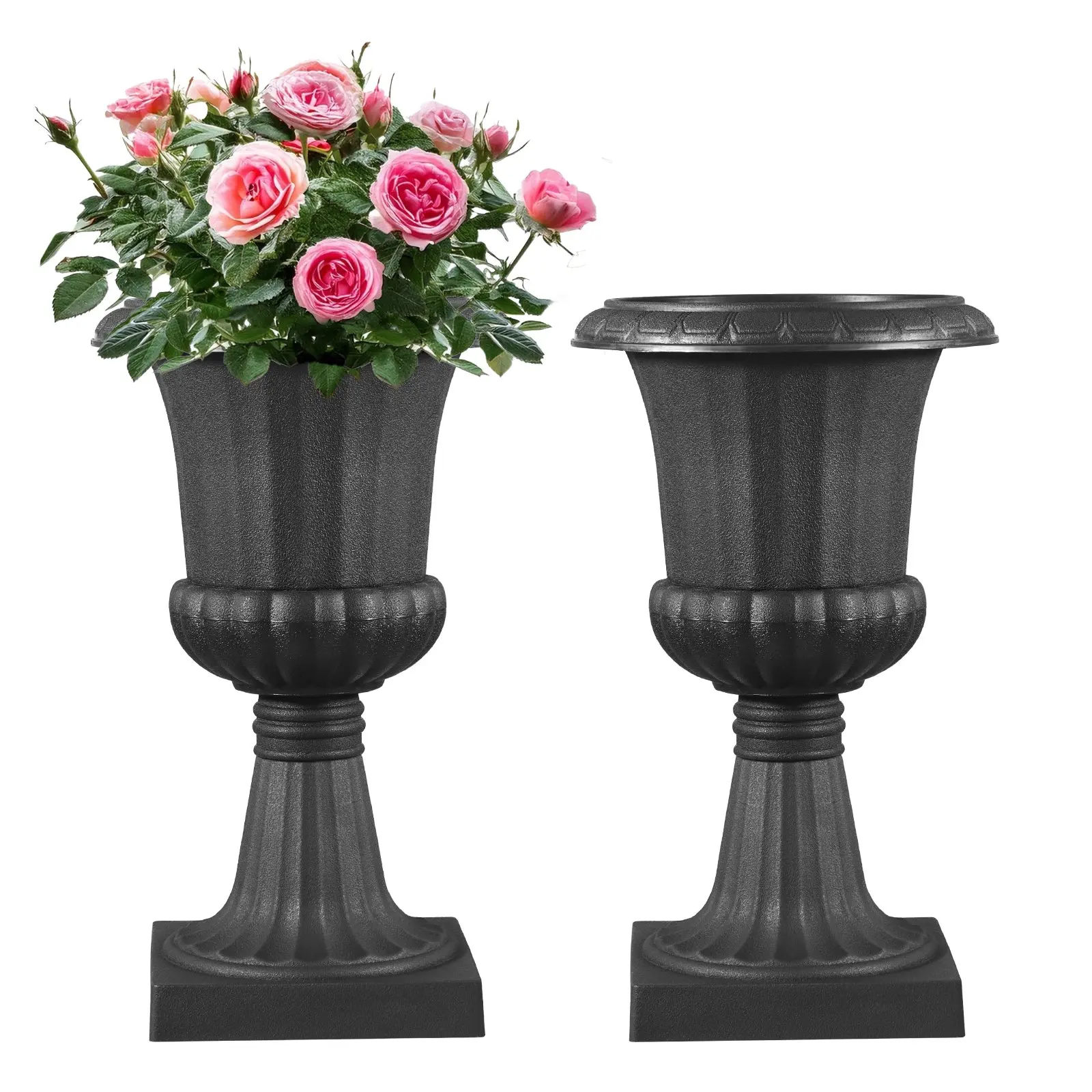 VEVOR Urn Shape Plastic Flower Pots & Planters, 9.8x16.5 Inches 2-Pack Black Classic, No-Fuss Indoor Outdoor Porch Decor for Wedding Events, Party