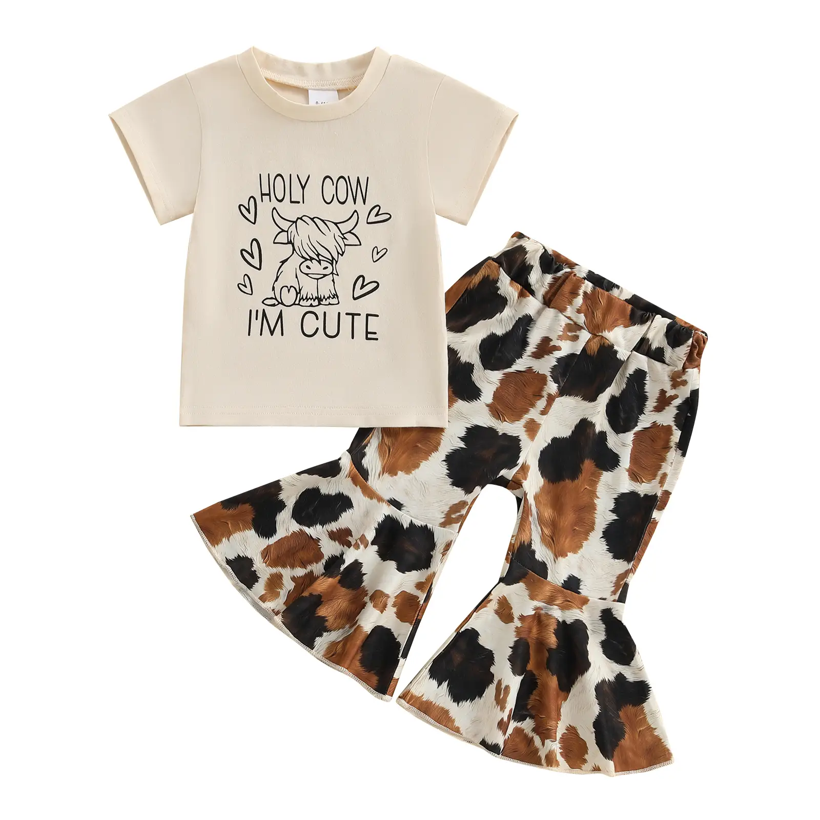 Kids Girl Western Outfits Highland Cow Print Short Sleeves T-Shirt and Elastic Cow Flare Pants Cute 2 Piece Clothes
