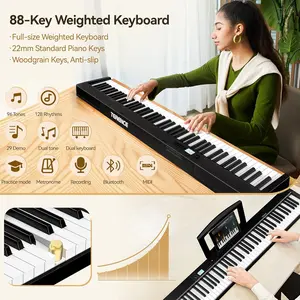 TERENCE 88-Key Portable Folding Digital Piano，2X5W Stereo Sound & Full Set (Stand + Stickers + Pedal)，Beginner-Friendly Keyboard with LCD Display，Compact Electric Piano for Home Practice