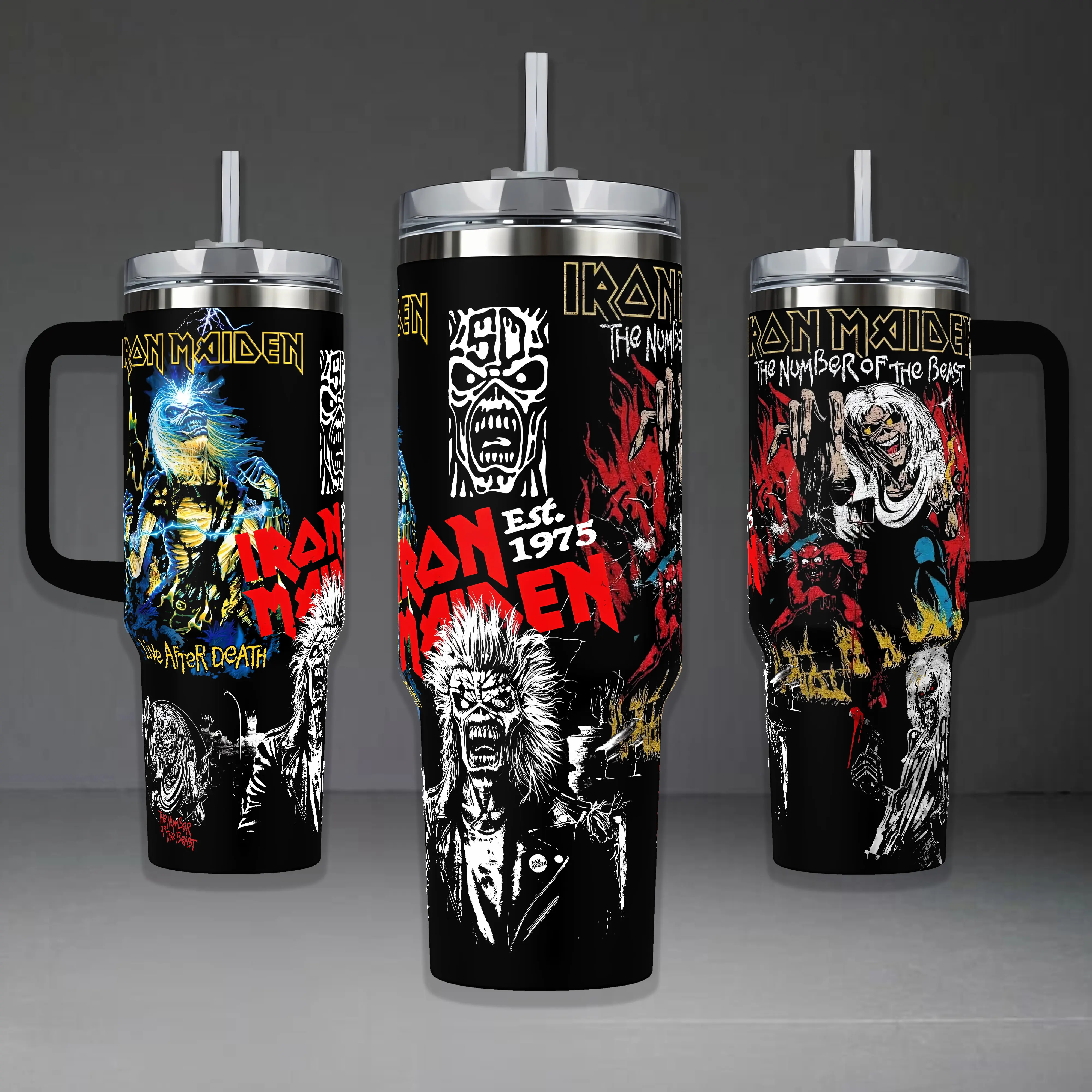 Iron Maiden Eddie the Head Tumbler, The Number of the Beast 40oz Cup with Handle, Live After Death 20oz Stainless Steel Travel Mug, Heavy Metal Fan Gift, Iron Maiden Inspired Insulated Tumbler Featuring Epic Eddie Mascot Design.
