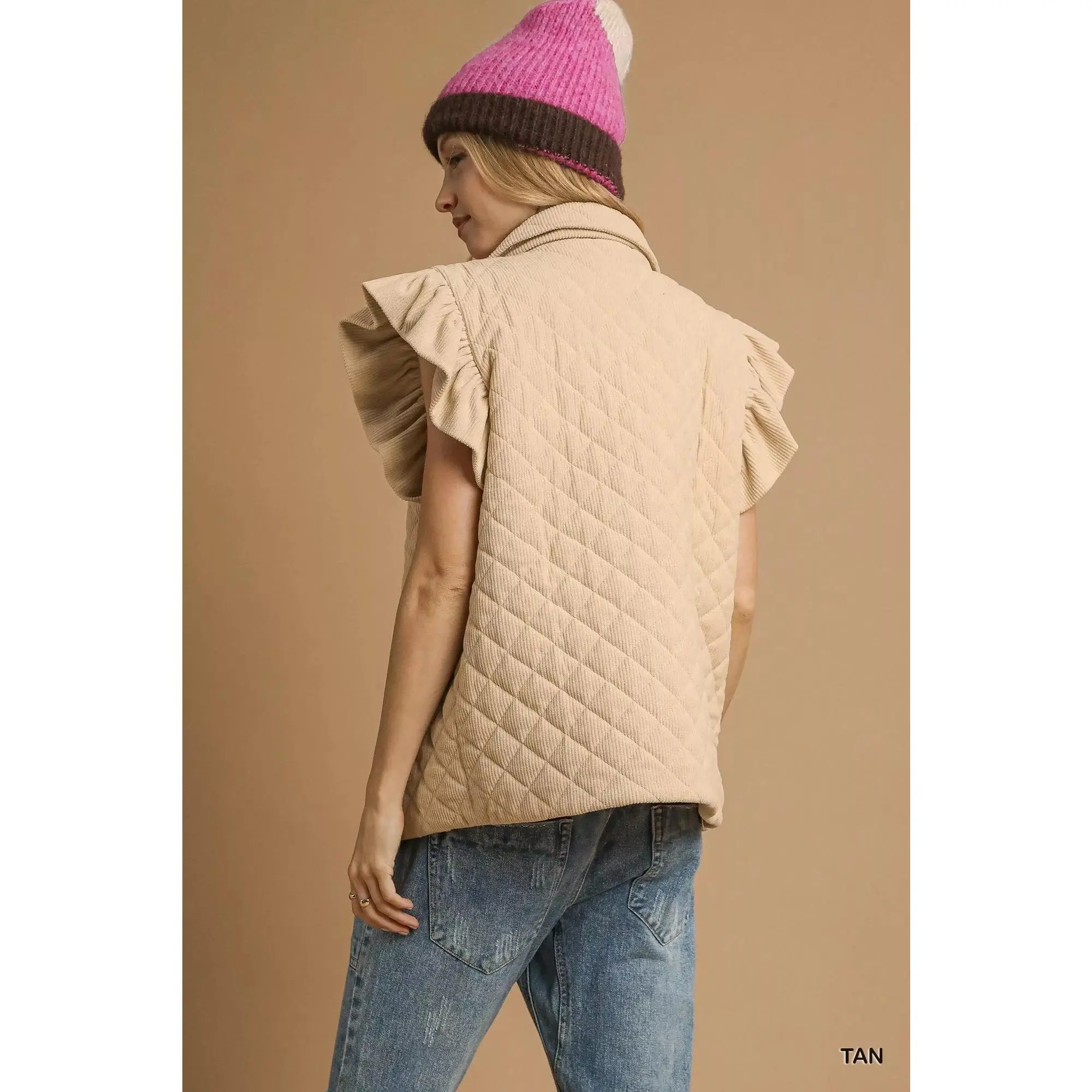 Umgee Corduroy Quilted Ruffle Sleeve Vest | Women's Layering Vest