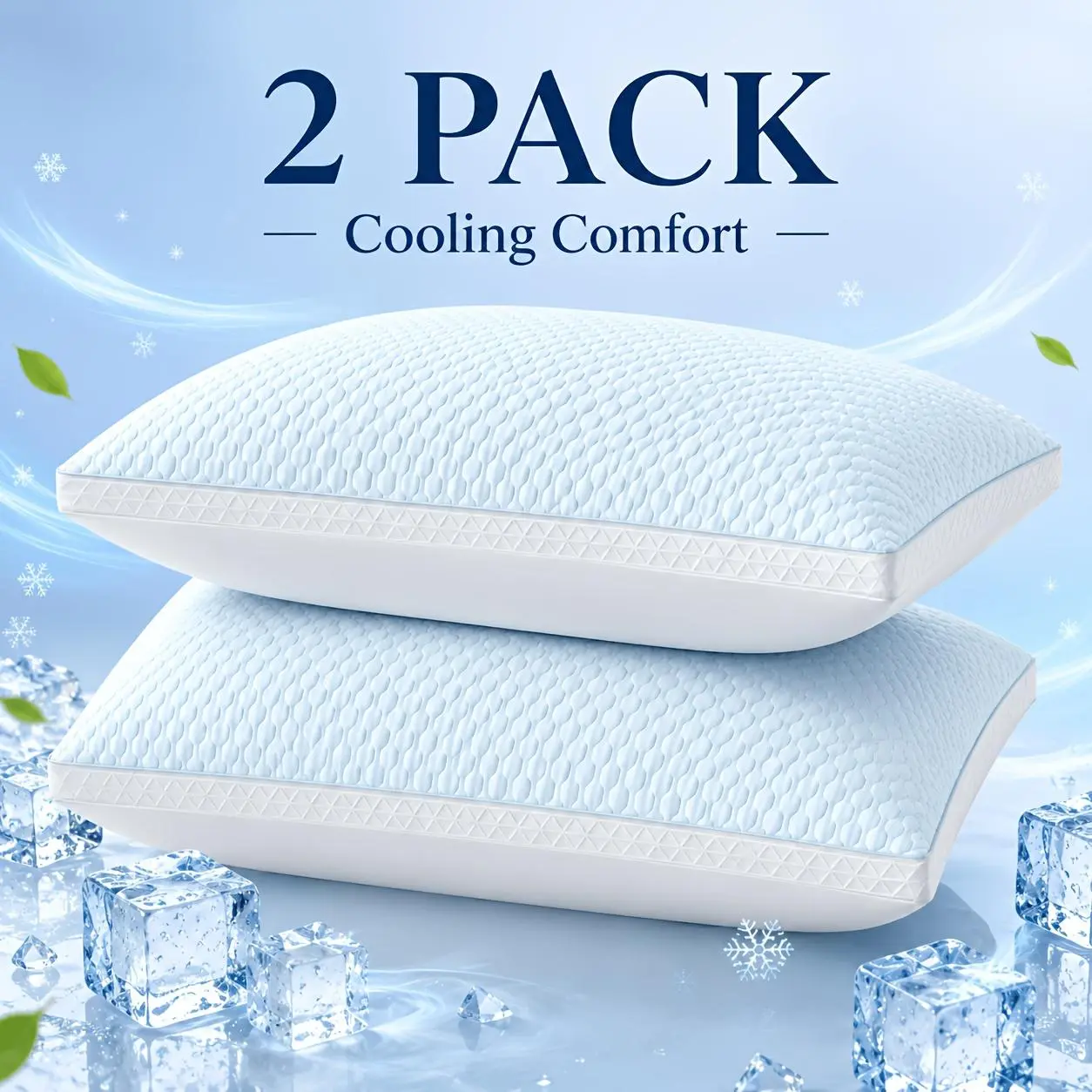 2PCS Cooling Memory Foam Pillow, Breathable Supportive Bed Pillow for Back & Side Sleepers, Soft Comfortable Cooling Pillow for Bedroom Daily Use