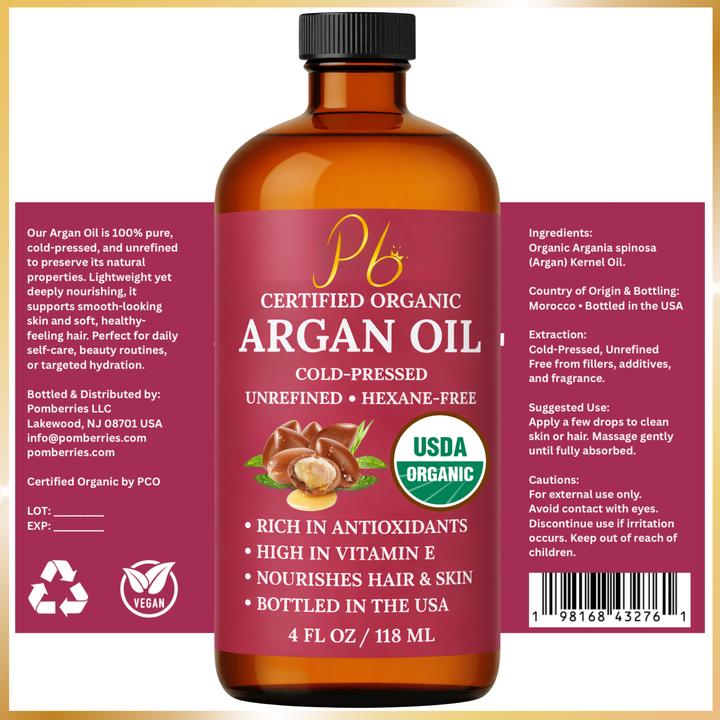 Pomberries USDA Organic Argan Oil 4 fl oz – Cold-Pressed, Unrefined Moroccan Argan Oil for Hair & Skin – Glass Bottle