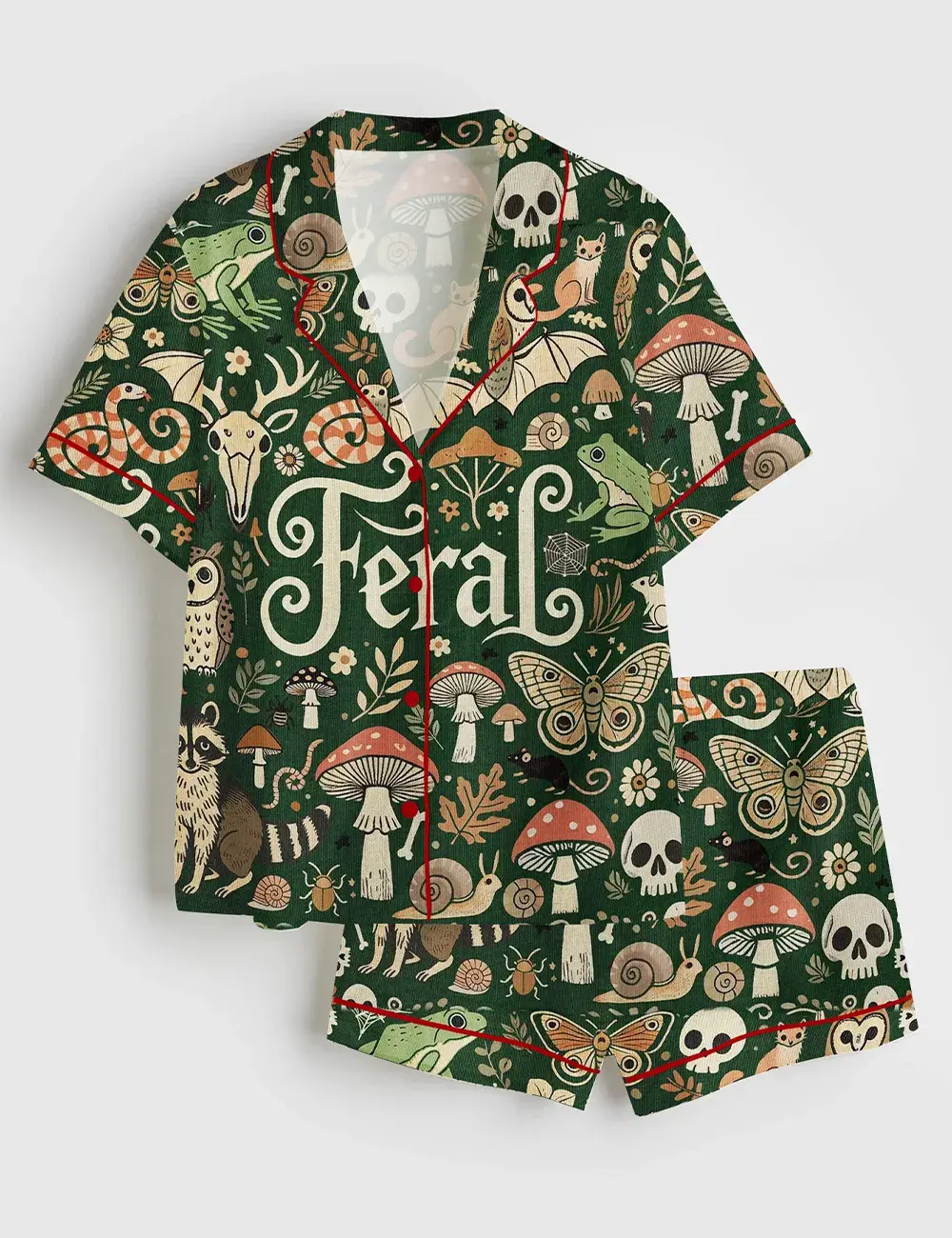 Feral Goblincore Cute Skeleton Moss & Raccoon Nature Lover Short and Long Sleeve Pajama Set, Sleepwear for Women