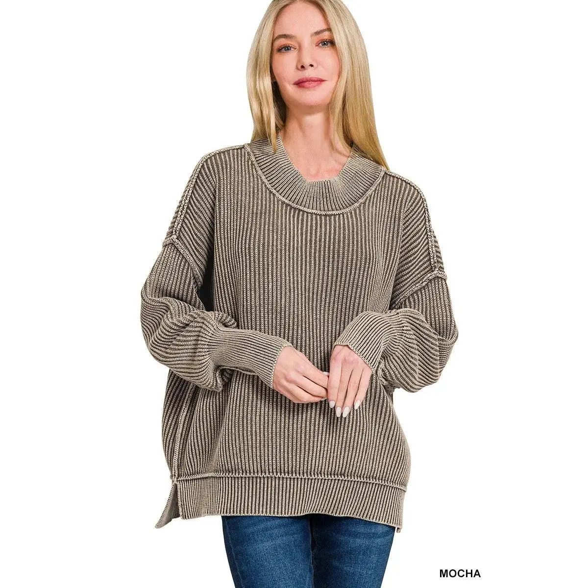 Zenana Washed Side Slit Oversized Sweater