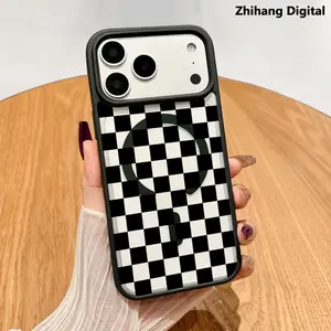 Black checkerboard pattern Phone Case for iPhone 17 Pro Max 11 12 13 14 15 16 Plus 17Air Anti-Drop Protector Compatible with MagSafe Wireless Clear