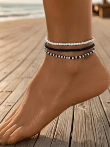 Women's Simple Style Black & White Color Beaded Anklet, Gifts for Her, Casual Trendy Boho Style Anklet, Fashionable Body Jewelry for Women & Girls, Streetwear Jewelry