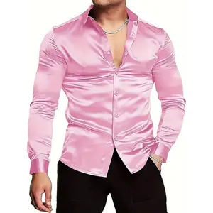 Luxury silk-like satin dress shirt — shiny, long sleeves, casual, slim fit, muscle-building, button-up, high-quality fabric, stylish, comfortable, versatile — perfect for formal and informal occasions; menswear; spandex