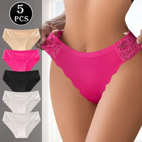 QUASTI Women's Underwear 5PCS Mid-Waisted Chic Vintage Lace Briefs - Polyester Blend, Seamless No-Show Fit, Random Wave Cutting, Lace Accents Add Sweet Lingerie Charm, 4 Colors, Daily Wear S-XXL