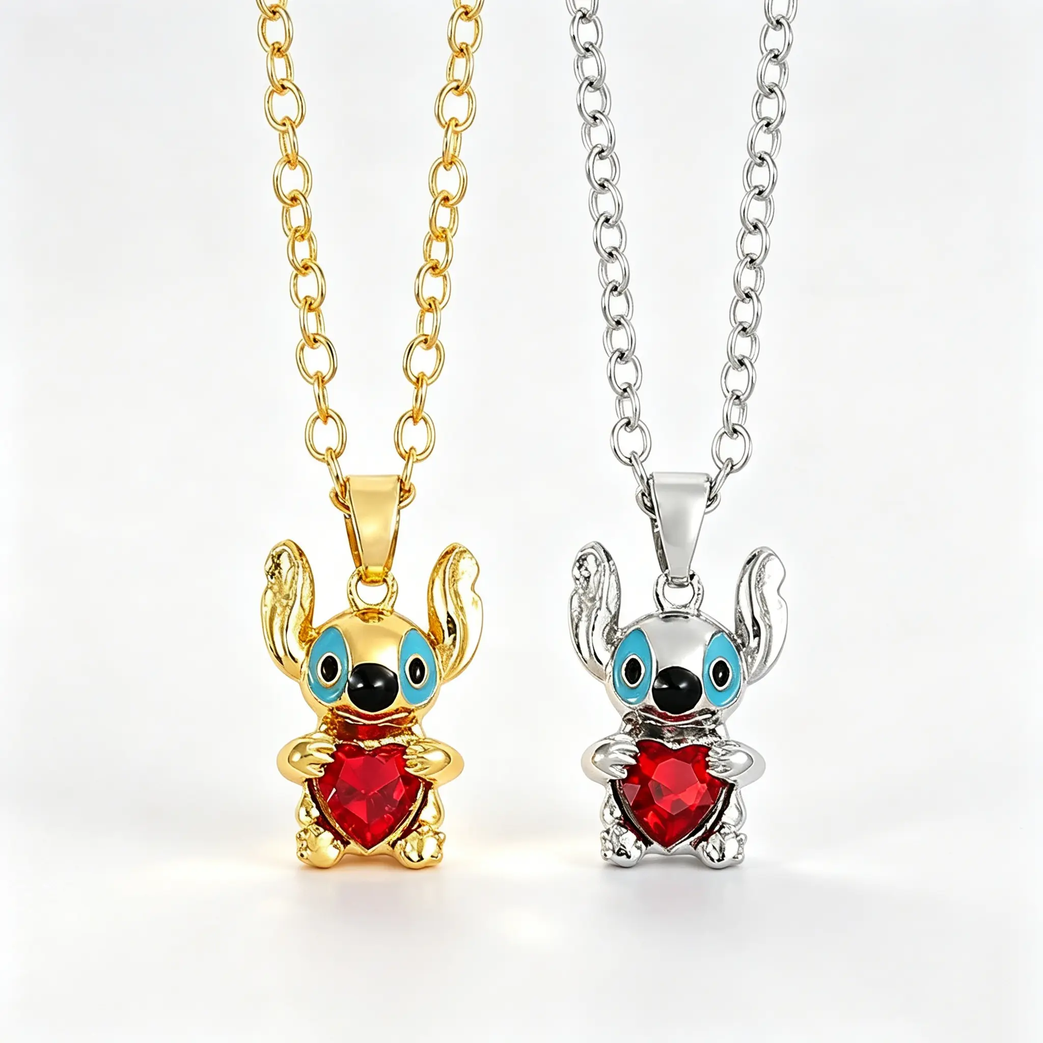 Disney Stitch Character Necklace, Cute Casual Chain Jewelry with a Red Pendant Accent, Collectibles for Fans, Stitch Admirers, Unisex, Silver, Heart, Cute Stitch Flair