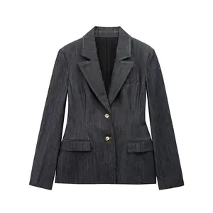 TRAF Denim Women's Blazers Spring Outerwears Office Blazer Woman Long Sleeve Fitted Jacket Women Coats Vintage Blazer for Women