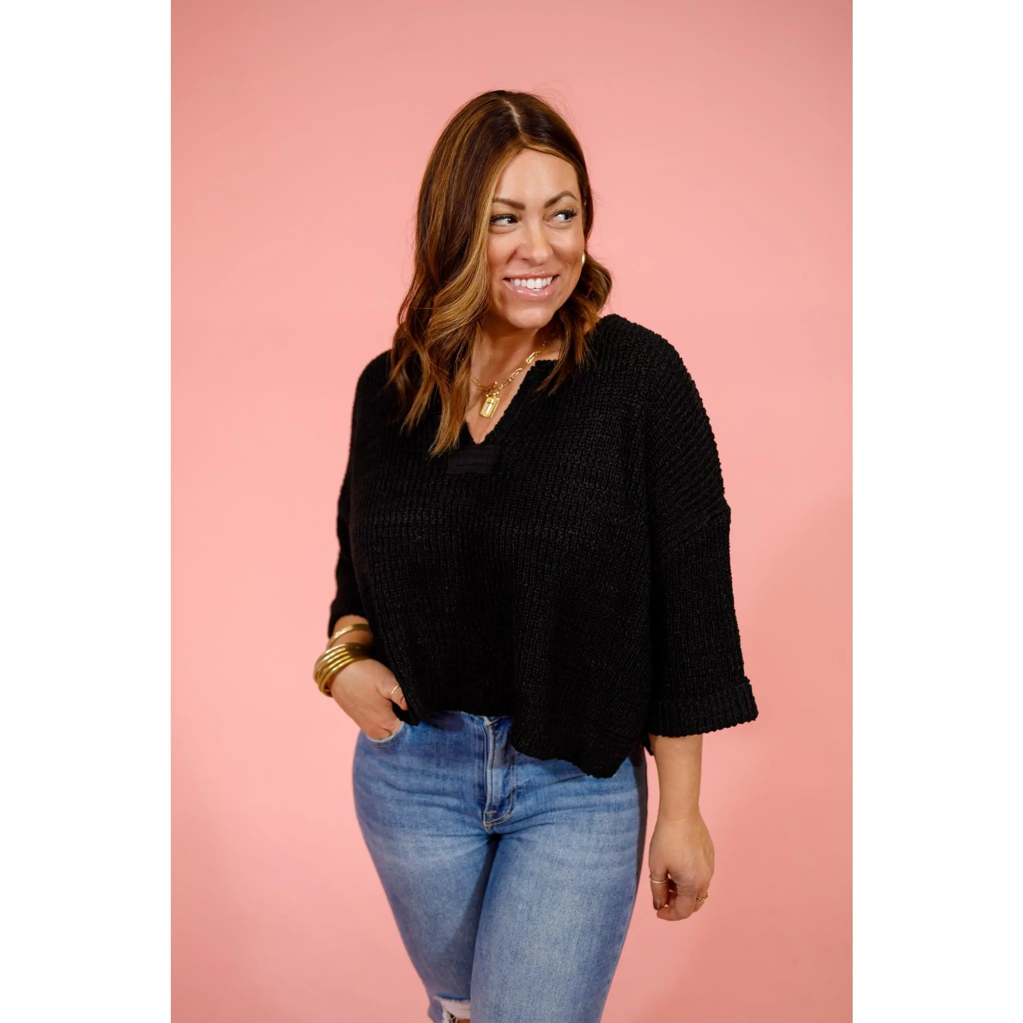 Front Slit Folded Sleeve Pullover, BLACK