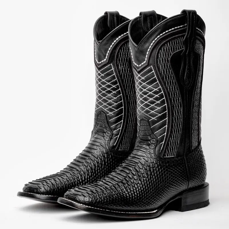 Black PRINT Leather Boots - Square Toe