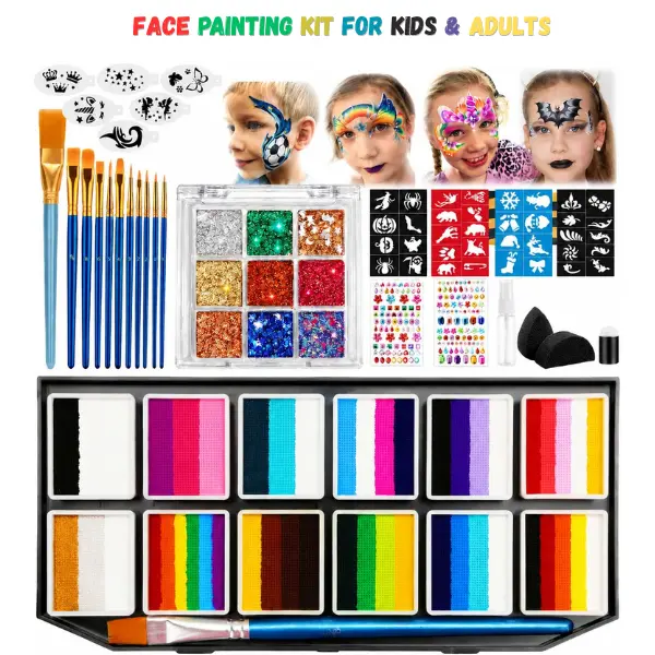 50 Colors Face Painting Kit for Kids & Adults – Water Activated Face Paint Palette with 9 Glitter Colors, Stencils & Brushes, Halloween Makeup, Cosplay, Festival, Birthday Party & Carnival Face Paint Set