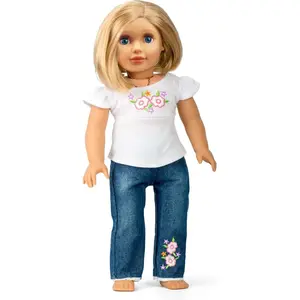 Dress Along Dolly Casual T-Shirt & Jeans 2pc Doll Outfit - Clothes & Accessories Compatible w 18" American Girl Dolls- Includes Jeans & Floral T Shirt