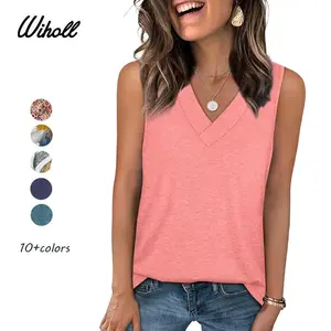 WIHOLL Tank Top for Women Loose Fit Sleeveless Shirts V Neck Summer Clothes Ruched Women's Tees and Tanks Curved Hem