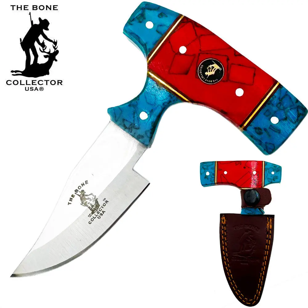 BC 872-BRD 5" Bone Collector Blue & Red Acrylic Short Blade Skinning Knife with Leather Sheath