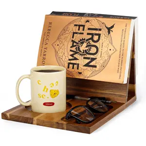 Wooden book stand for reading rest, acacia triangle book holder with cup, glasses, pen, and phone holder, book nook reading tray—ideal gift for book lovers