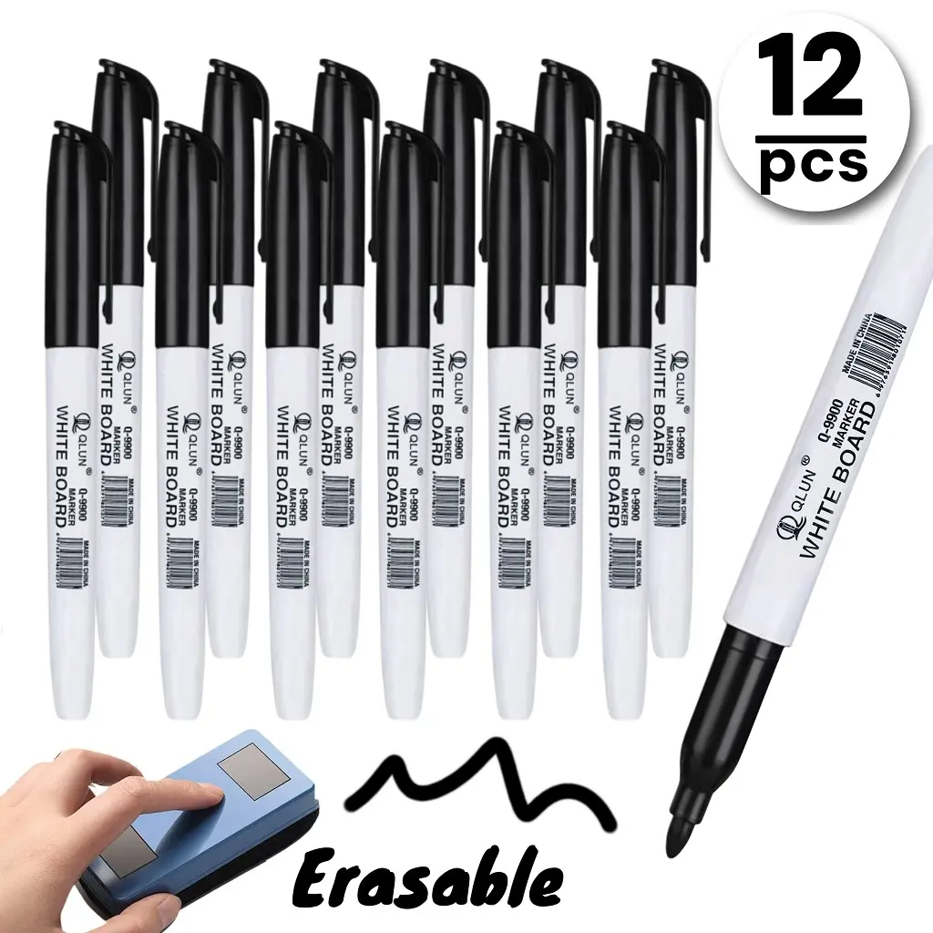 12pcs Large Capacity Erasable Whiteboard Markers, Soft Tip Markers, Water-Based Ink Dry Erase Pens, Drawing Pens, Writing Tools, Office School Teaching Supplies, Erasable Markers For Whiteboard