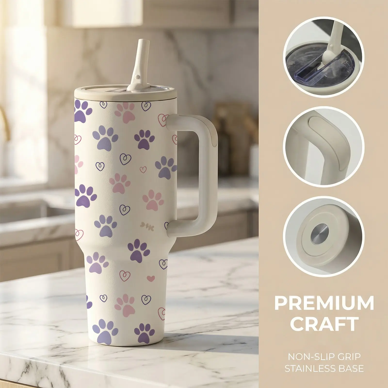 1 Pc 40 Oz Stainless Steel Water Cup, Stylish Tumbler Cup with Handle and Foldable Straw, Purple Heart Paw Print Design, Double Wall Insulated Thermal Mug, Hot 12H/ Cold 24H, Fun Drinkware, Mother's Day, Anniversary or Birthday Gift for Friends and Family