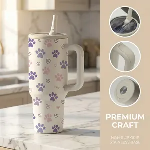 1 Pc 40 Oz Stainless Steel Water Cup with Handle and Foldable Straw, Purple and Pink Heart Paw Print Design, Double Wall Insulated Thermal Mug, Hot 12H/ Cold 24H, Fun Drinkware, Perfect Mother's Day, Anniversary or Birthday Gift for Friends and Family.