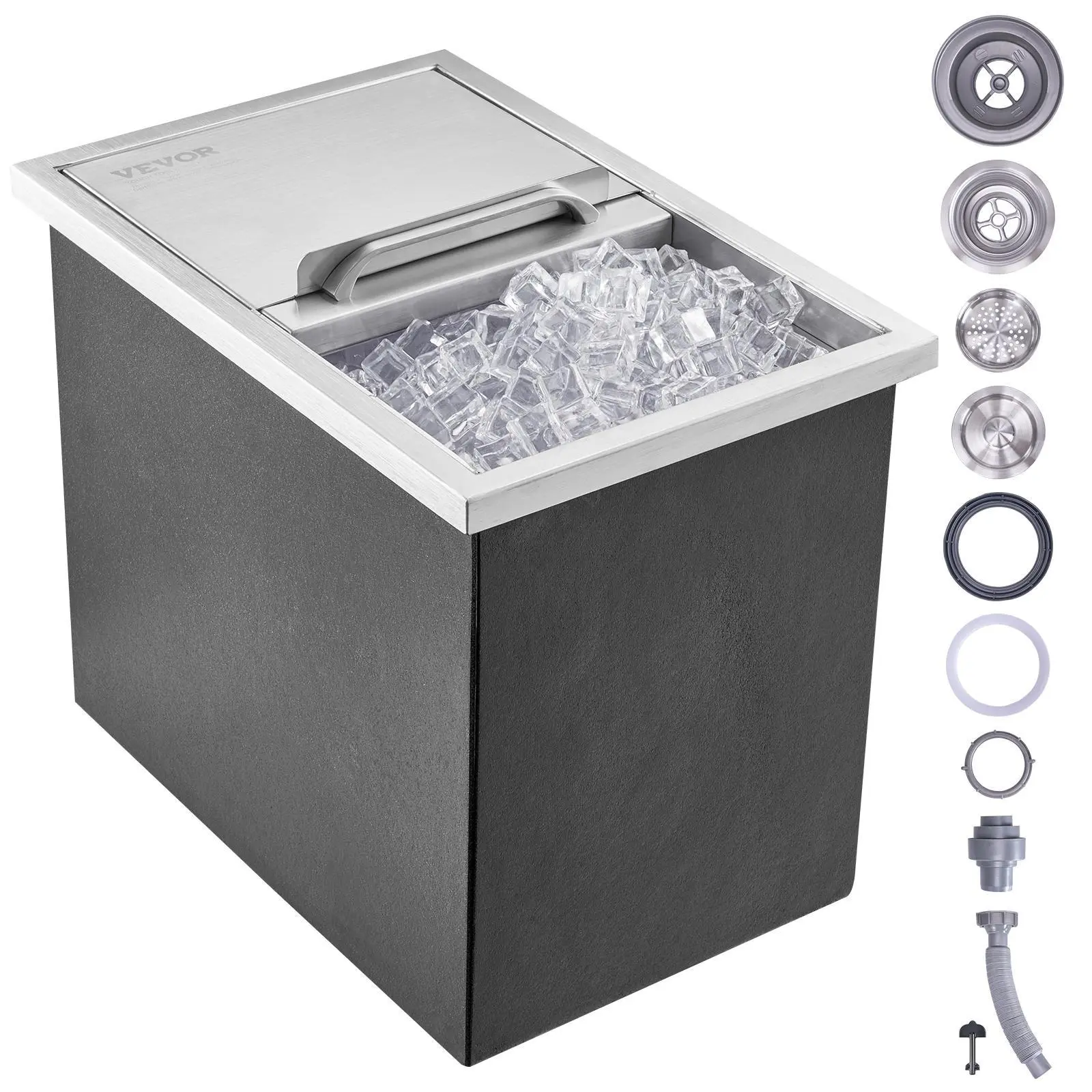 VEVOR Drop in Ice Chest,  18"L x 12"W x 14.5"H Stainless Steel Ice Cooler, Commercial Ice Bin with Sliding Cover, 40.9 qt Outdoor Kitchen Ice Bar, Drain-pipe and Drain Plug Included, for Cold Wine Beer Utensils Indoor#BacktoSchool