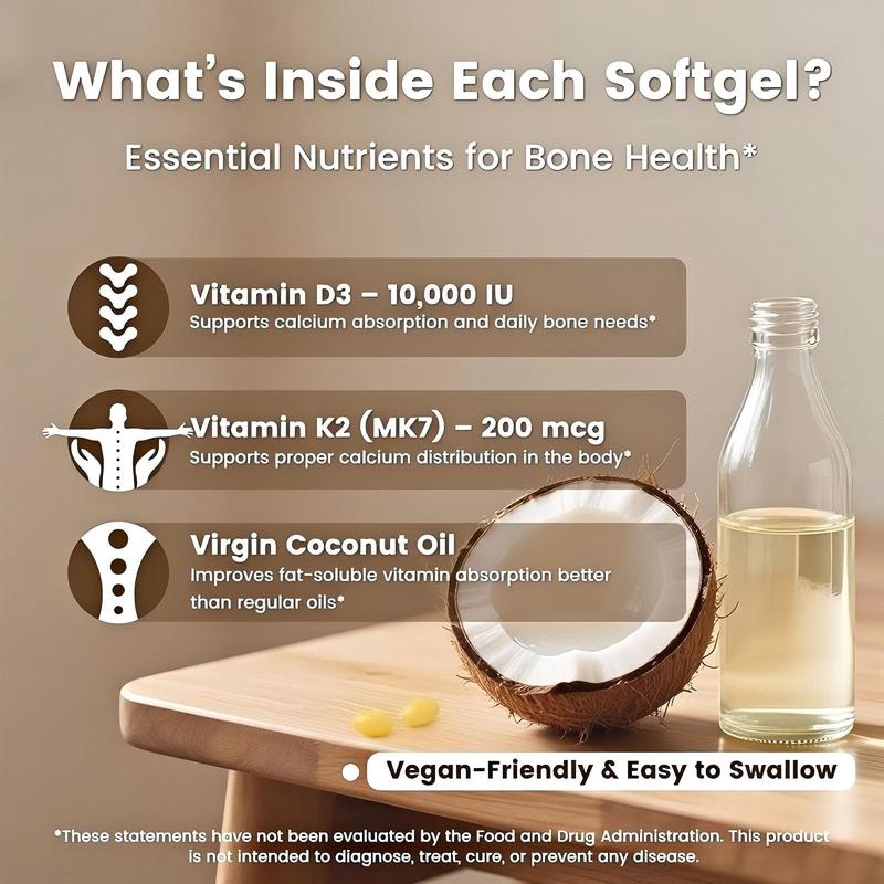 VEV 2-in-1 Vitamin Supplement D3 10000 IU & K2 200 mcg with Virgin Coconut Oil 300 Softgels for Immune Support Extra Strength MK-7