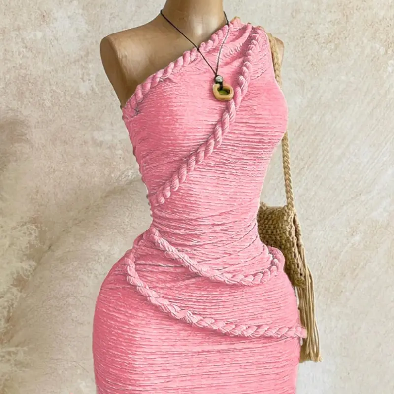 Elegant Boho Bohemian Style One-Shoulder Mini Dress, Women's Vintage Braided‑Trim Bodycon Dress, Casual Chic Fashion Dress for Summer Vacation & Beach Occasions