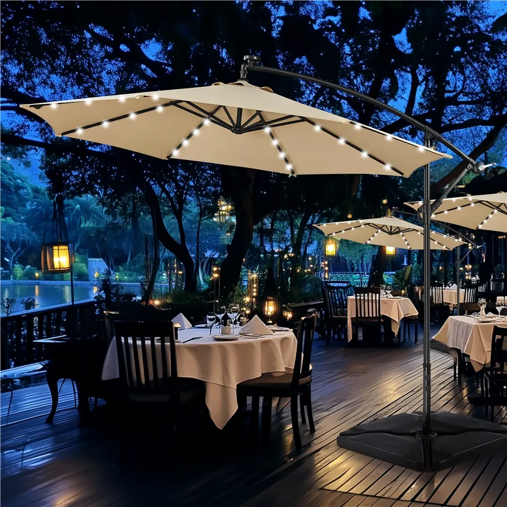 【No Base & Solar 32 LED Lights Umbrella 】Yaheetech 10FT Solar Offset Umbrella, Handy Crank & Cross Base for Outdoor Use, Ideal for Lawn, Deck, Backyard, Pool summervibes Metal Frame Canopy Sunshade Canopy