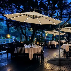 【No Base & Solar 32 LED Lights Umbrella 】Yaheetech 10FT Solar Offset Umbrella, Handy Crank & Cross Base for Outdoor Use, Ideal for Lawn, Deck, Backyard, Pool summervibes Metal Frame Canopy Sunshade Canopy