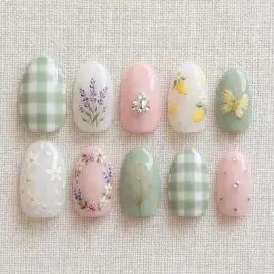 Hand Painted Floral Lemon Gingham Press On Nails, Cottagecore Spring Gel Set, Custom Fit Nails